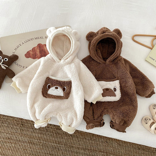 Baby Unisex Long Sleeves Animals Cartoon Pattern Pocketed Rompers